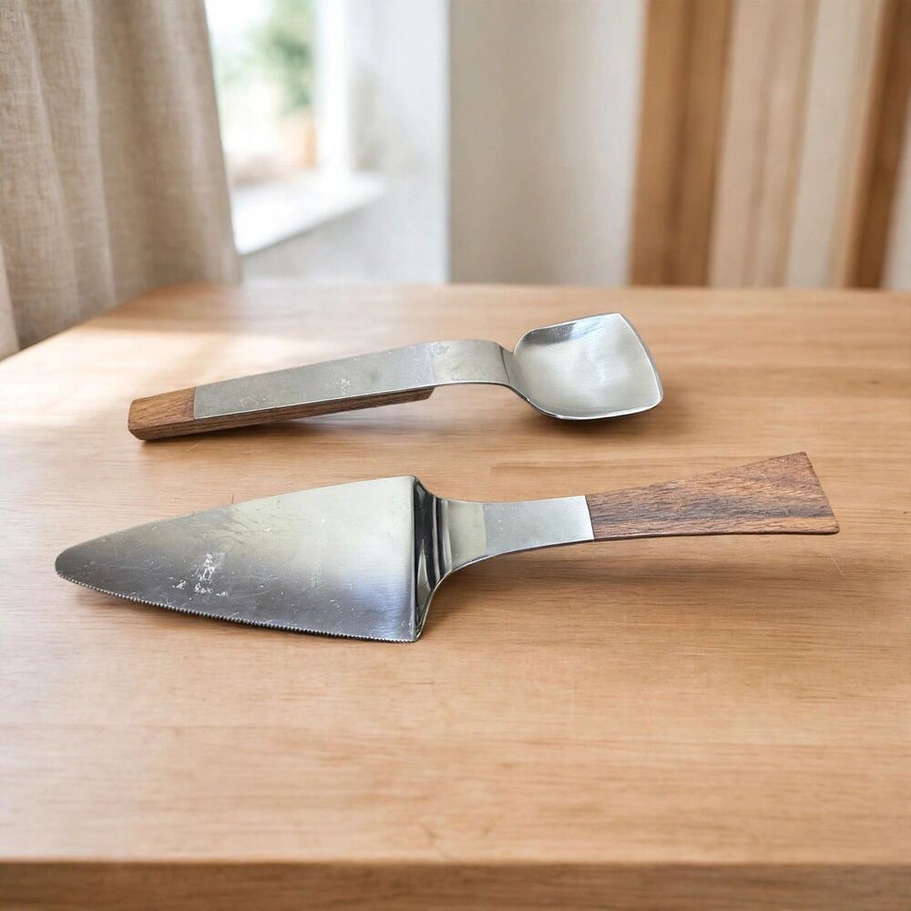 MCM Pie Server Scoop Set Walnut Wood Handles Stainless Japan Danish Modern VTG